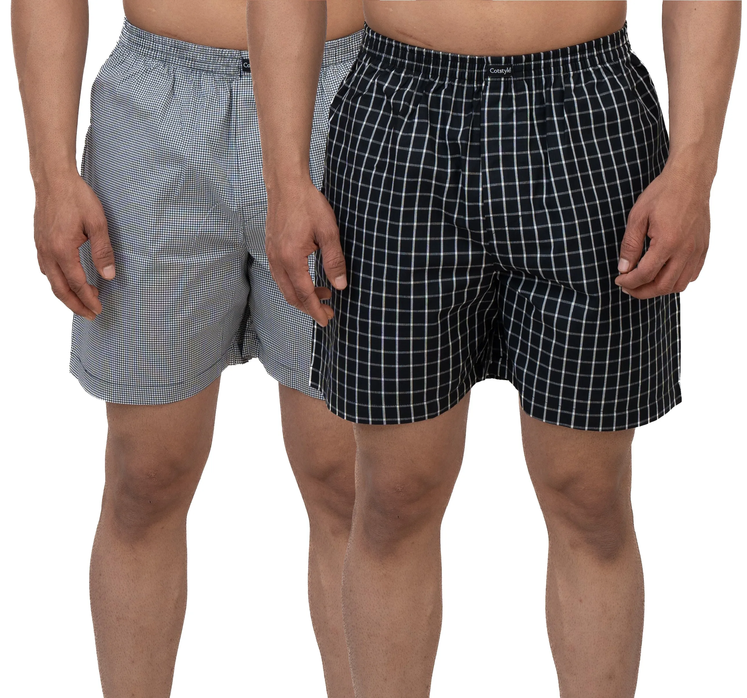 Cotstyle Grey & Black Colour Cotton Fabrics Checks Printed Above Knee Length Casuals Mens Wear Boxers - Pack of 2