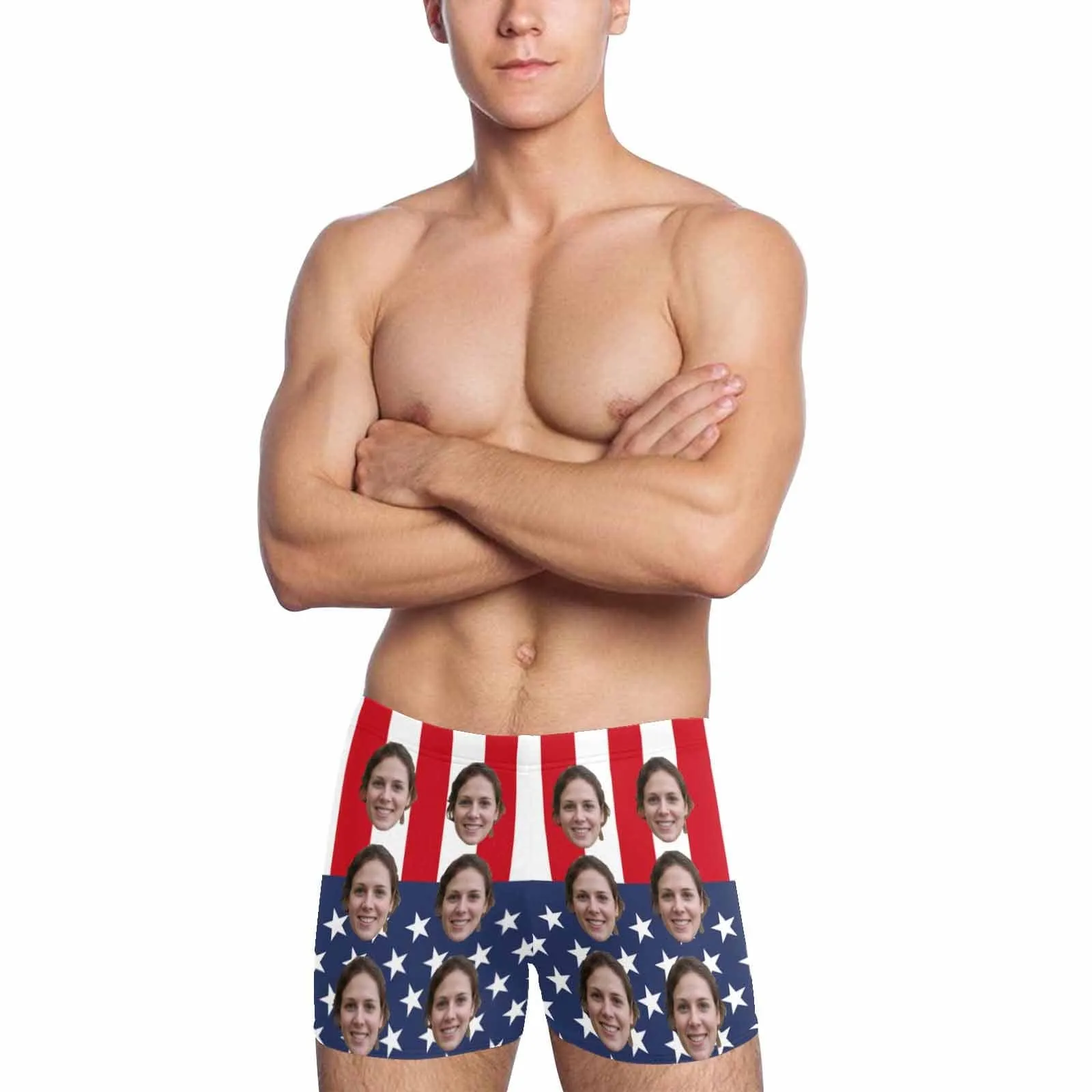 Custom Face American Flag Men's Athletic Swim Jammers Quick Dry Waterproof Compression Square Leg Swim Briefs Swimsuit