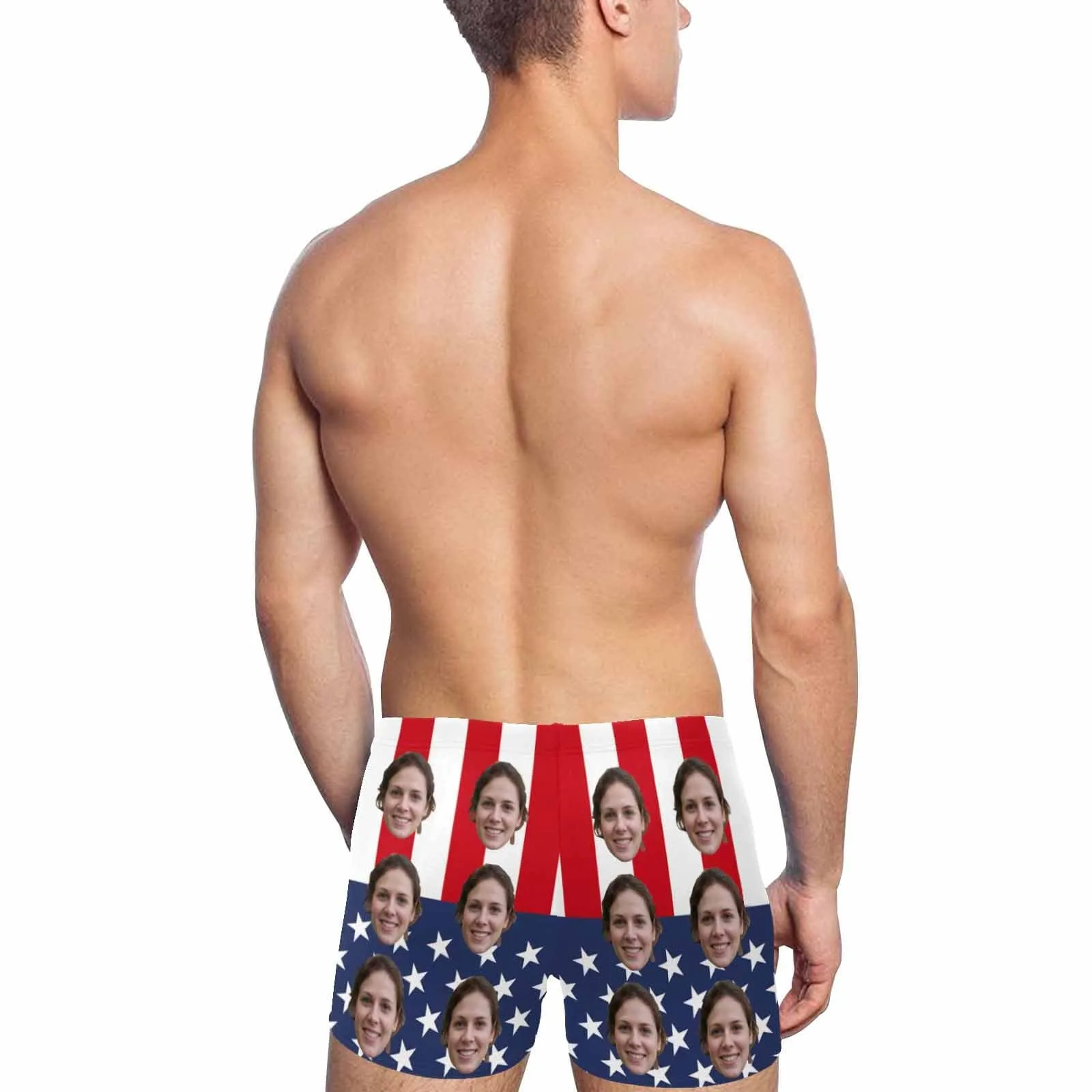 Custom Face American Flag Men's Athletic Swim Jammers Quick Dry Waterproof Compression Square Leg Swim Briefs Swimsuit