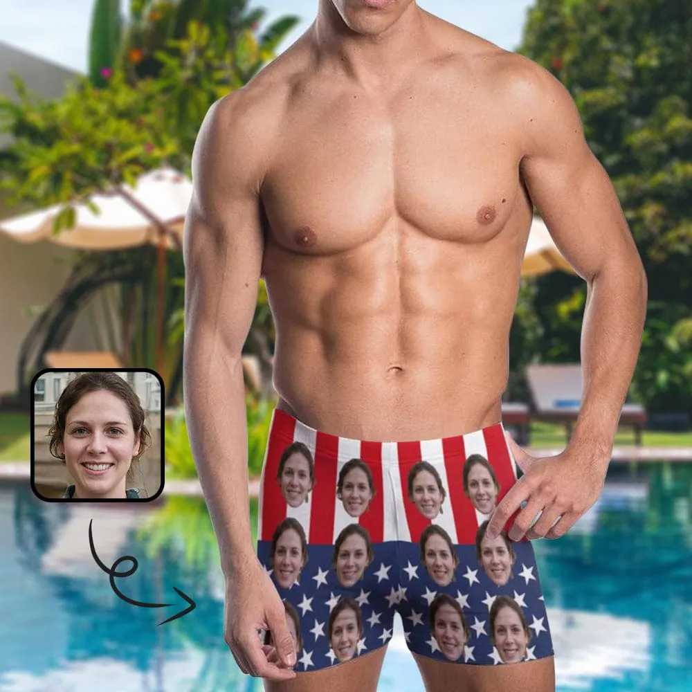 Custom Face American Flag Men's Athletic Swim Jammers Quick Dry Waterproof Compression Square Leg Swim Briefs Swimsuit