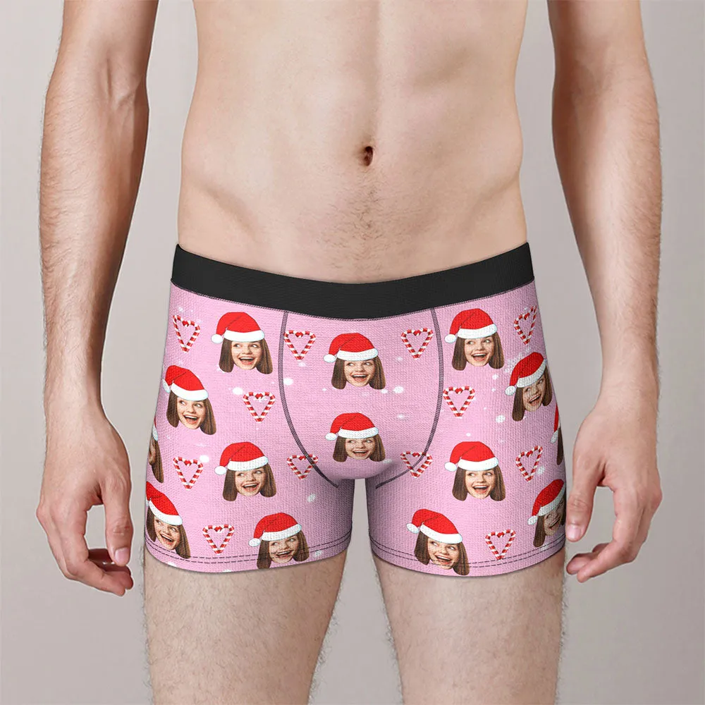 Custom Face Pink Christmas Candy Boxer Briefs Personalised Pink Christmas Gift