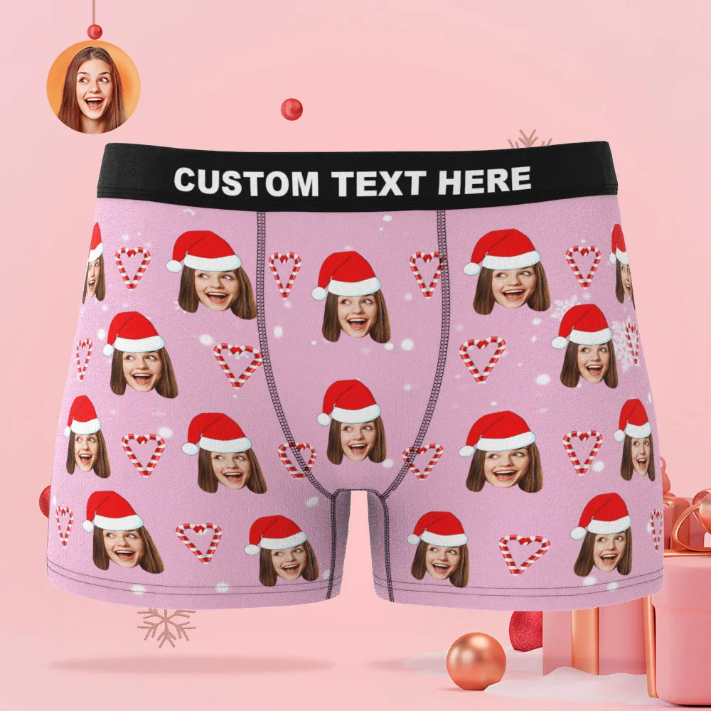 Custom Face Pink Christmas Candy Boxer Briefs Personalised Pink Christmas Gift