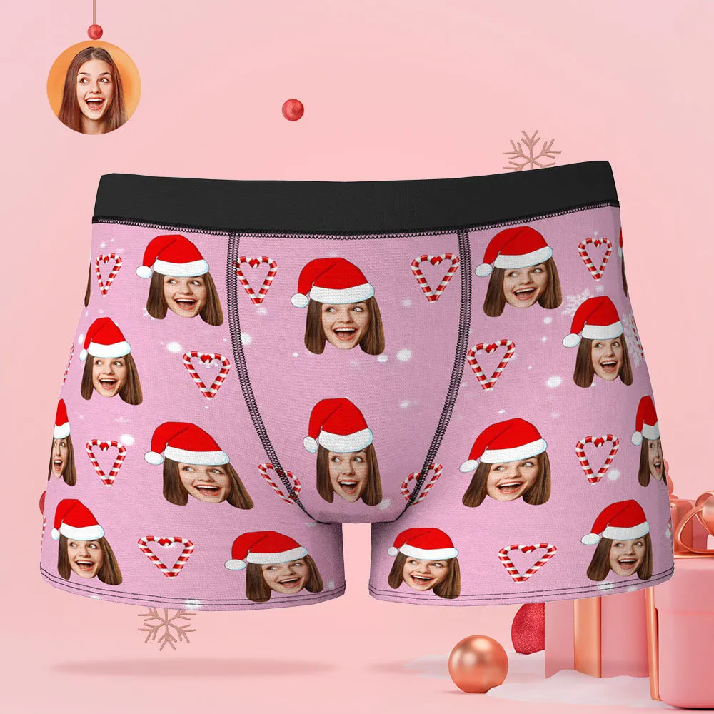 Custom Face Pink Christmas Candy Boxer Briefs Personalised Pink Christmas Gift