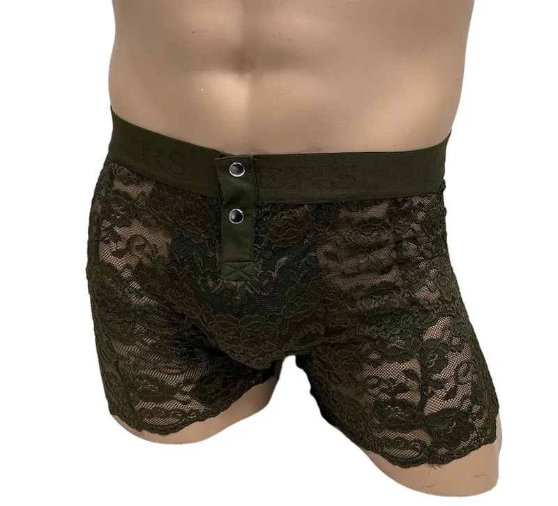 Foxers Lace Boxer Briefs w/ Pouch in Olive