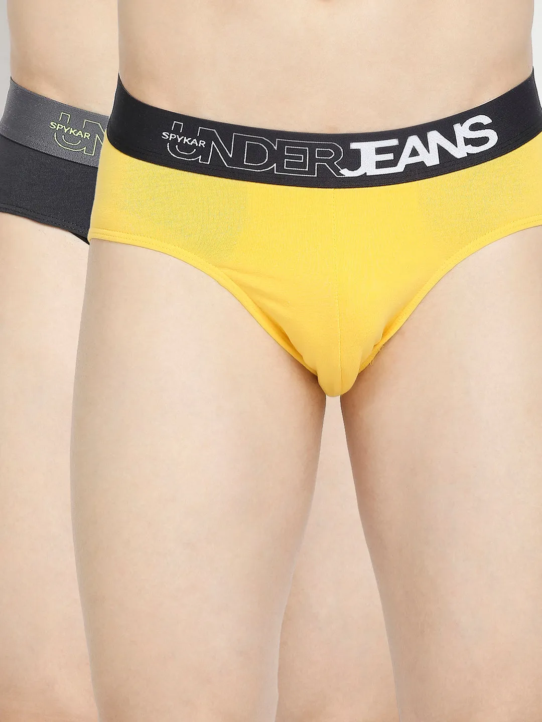 Men Premium Yellow & Dark Grey Cotton Blend Brief - Pack Of 2- Underjeans By Spykar