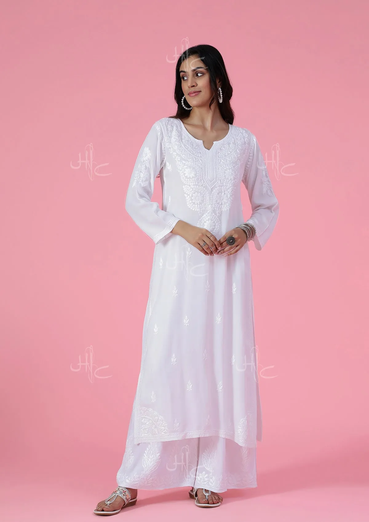 Rayon Chikankari Solid Women's Long Kurta - White