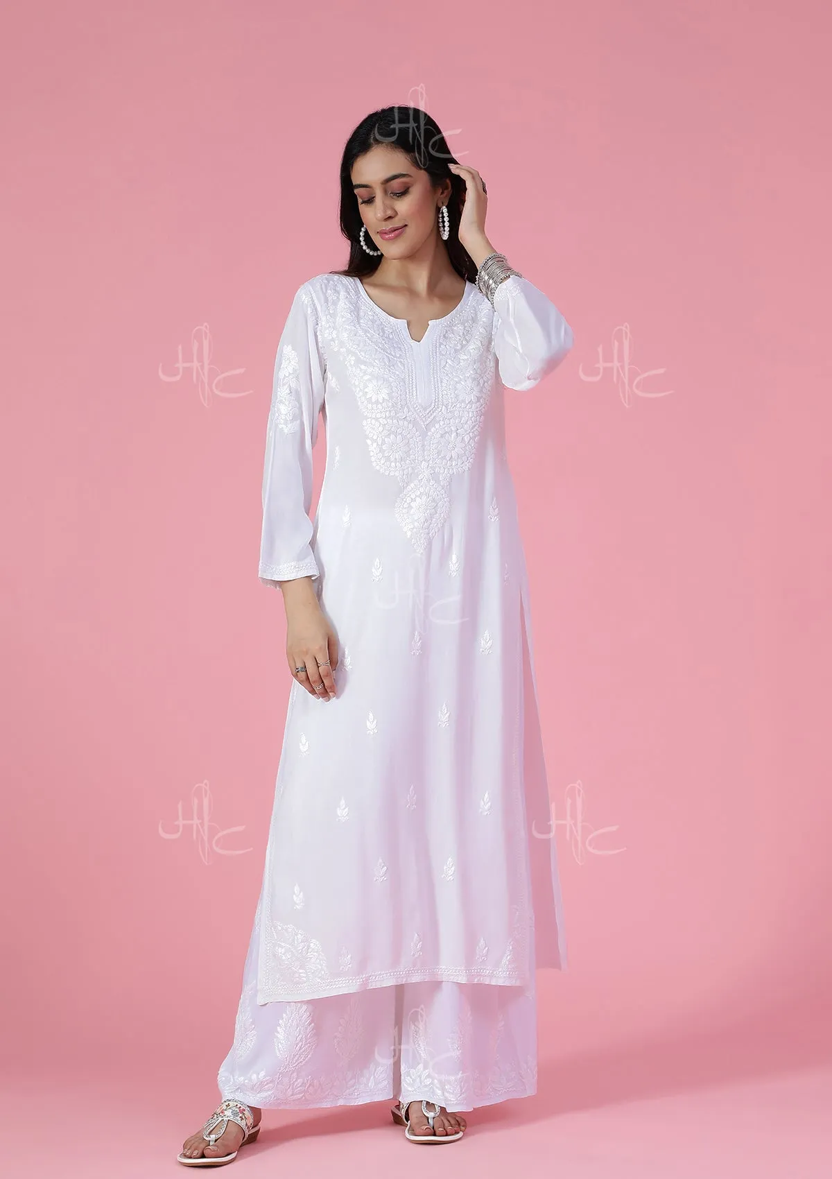 Rayon Chikankari Solid Women's Long Kurta - White