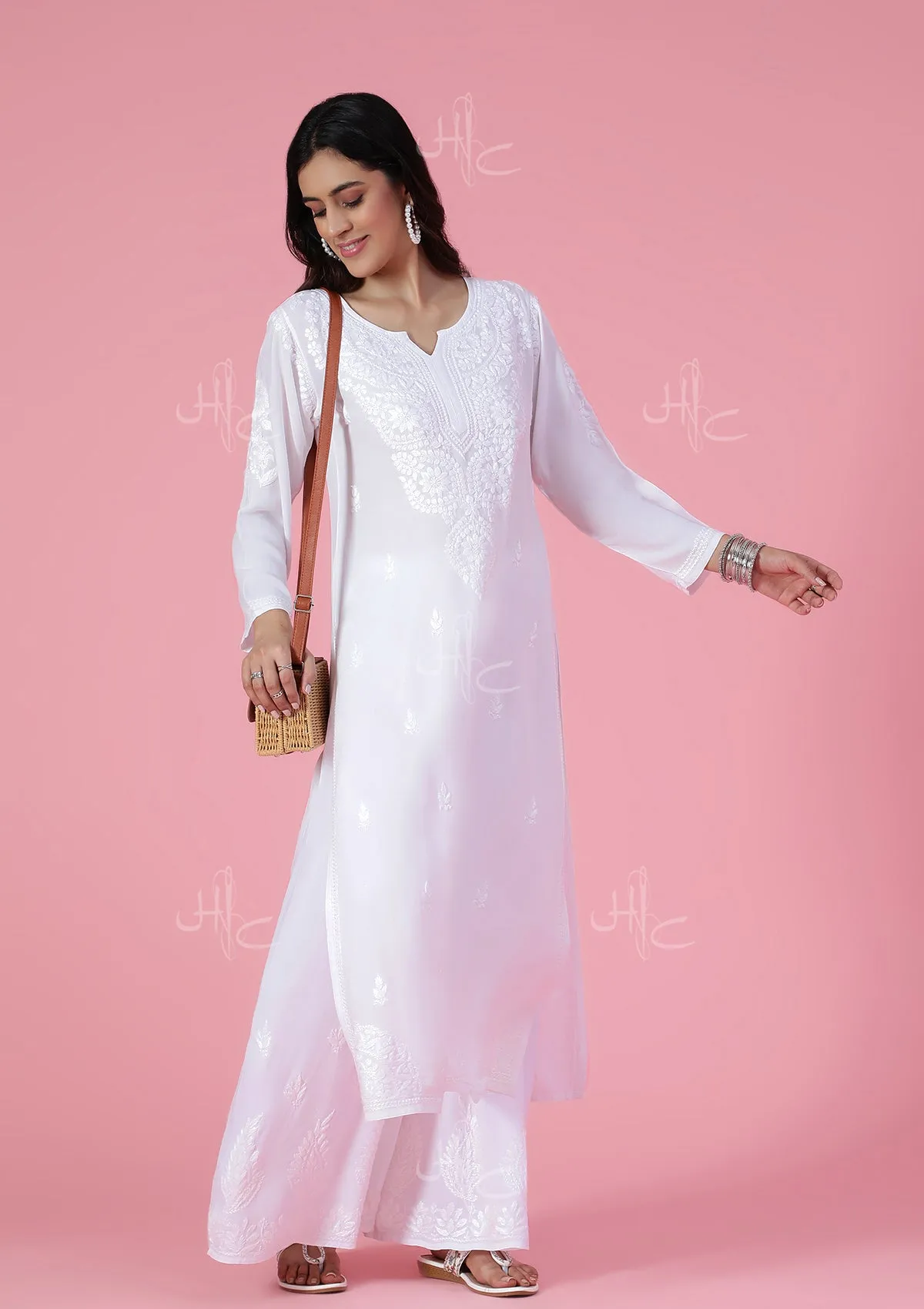 Rayon Chikankari Solid Women's Long Kurta - White