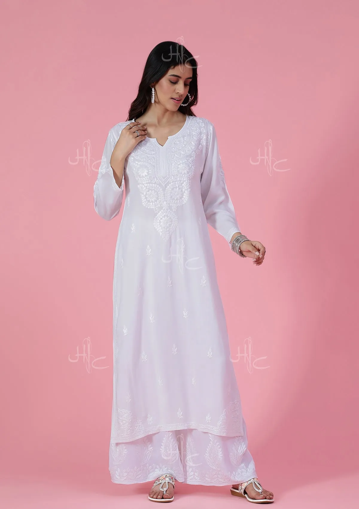 Rayon Chikankari Solid Women's Long Kurta - White