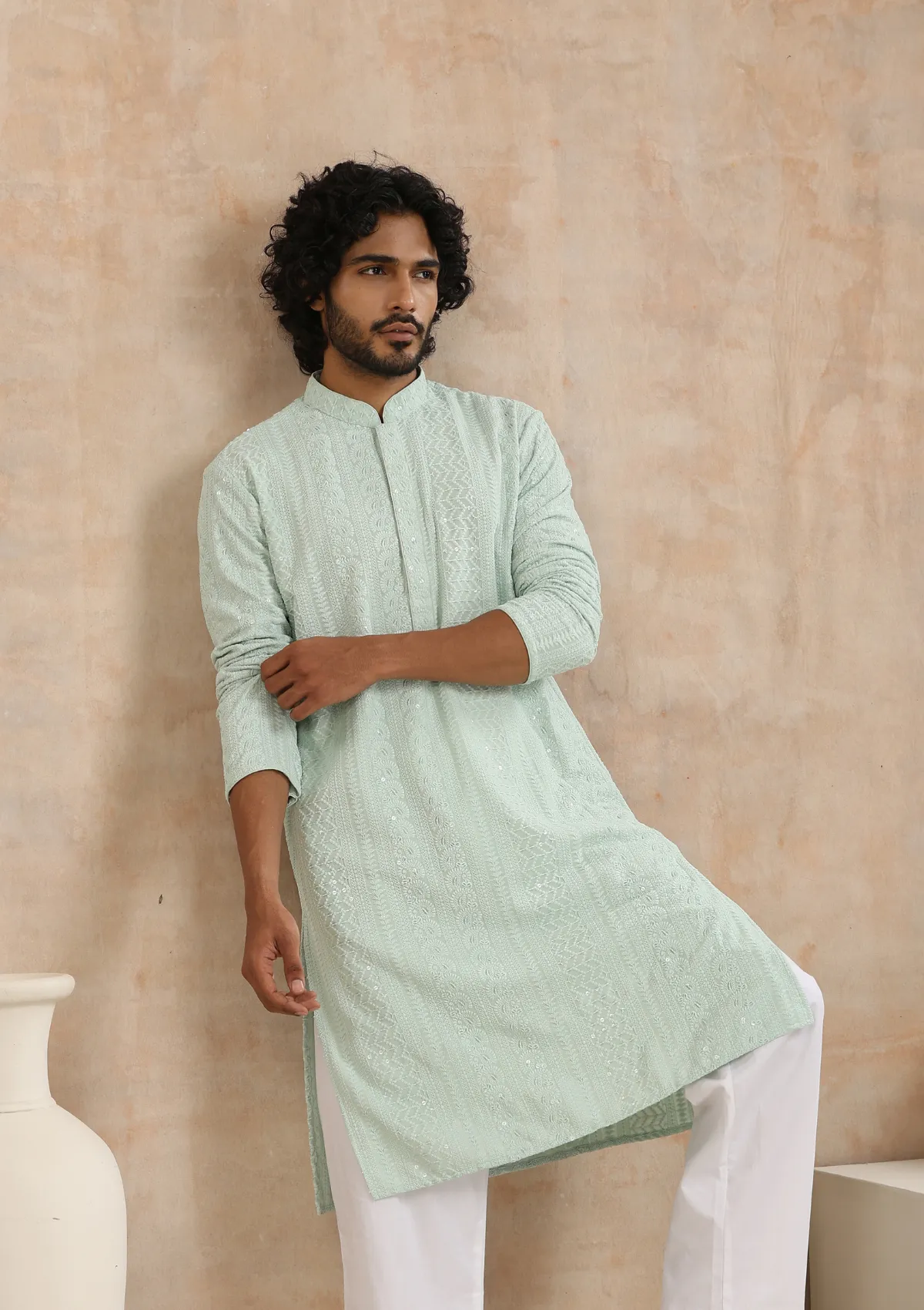 Rayon Schiffli Solid Men's Long Kurta- Green