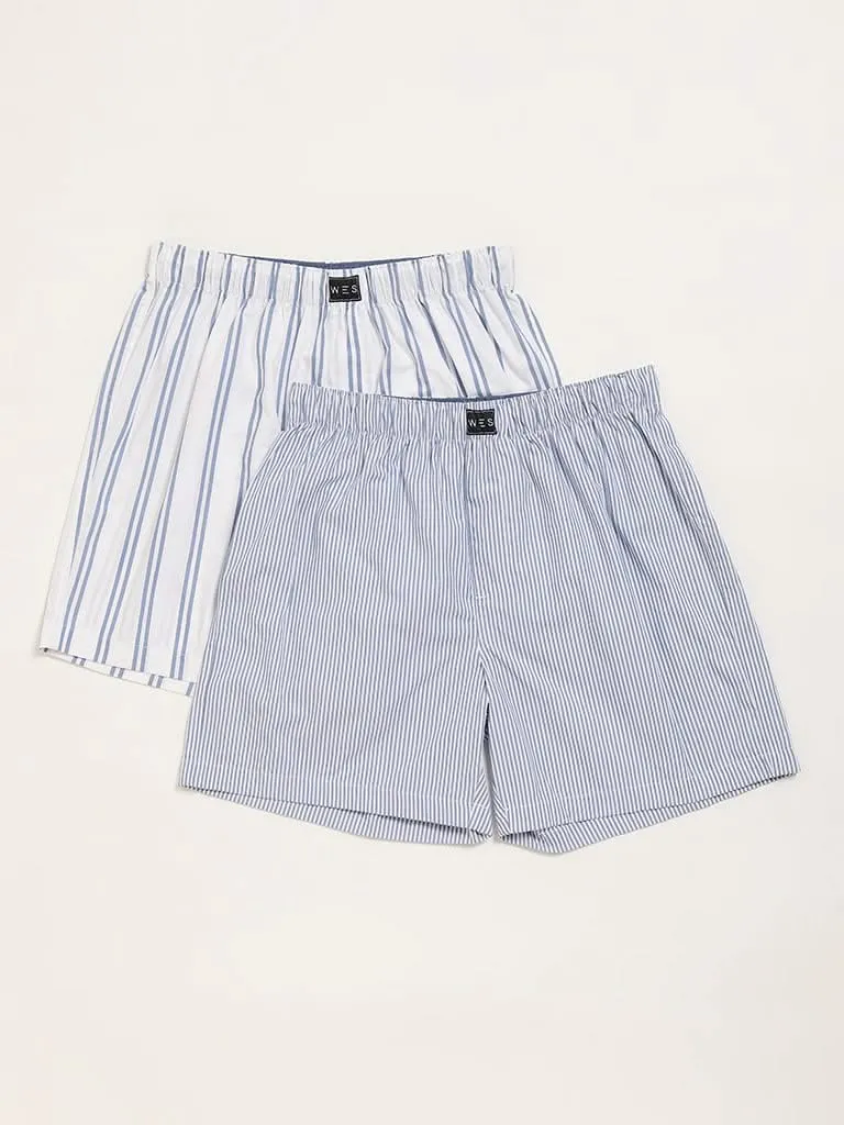 WES Lounge Blue Striped Cotton Boxers - Pack of 2