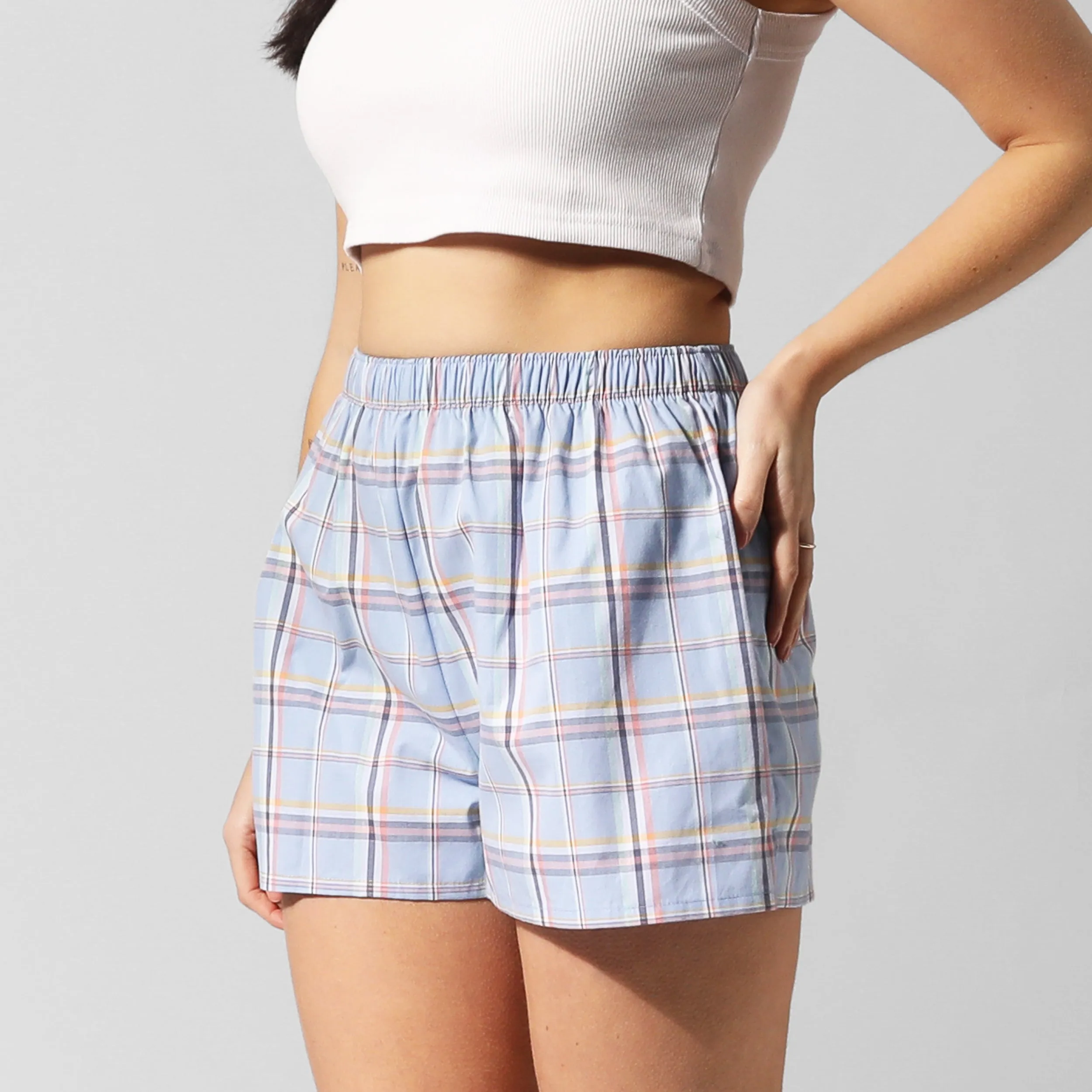 Women's Check Cotton Boxer Shorts - Blue