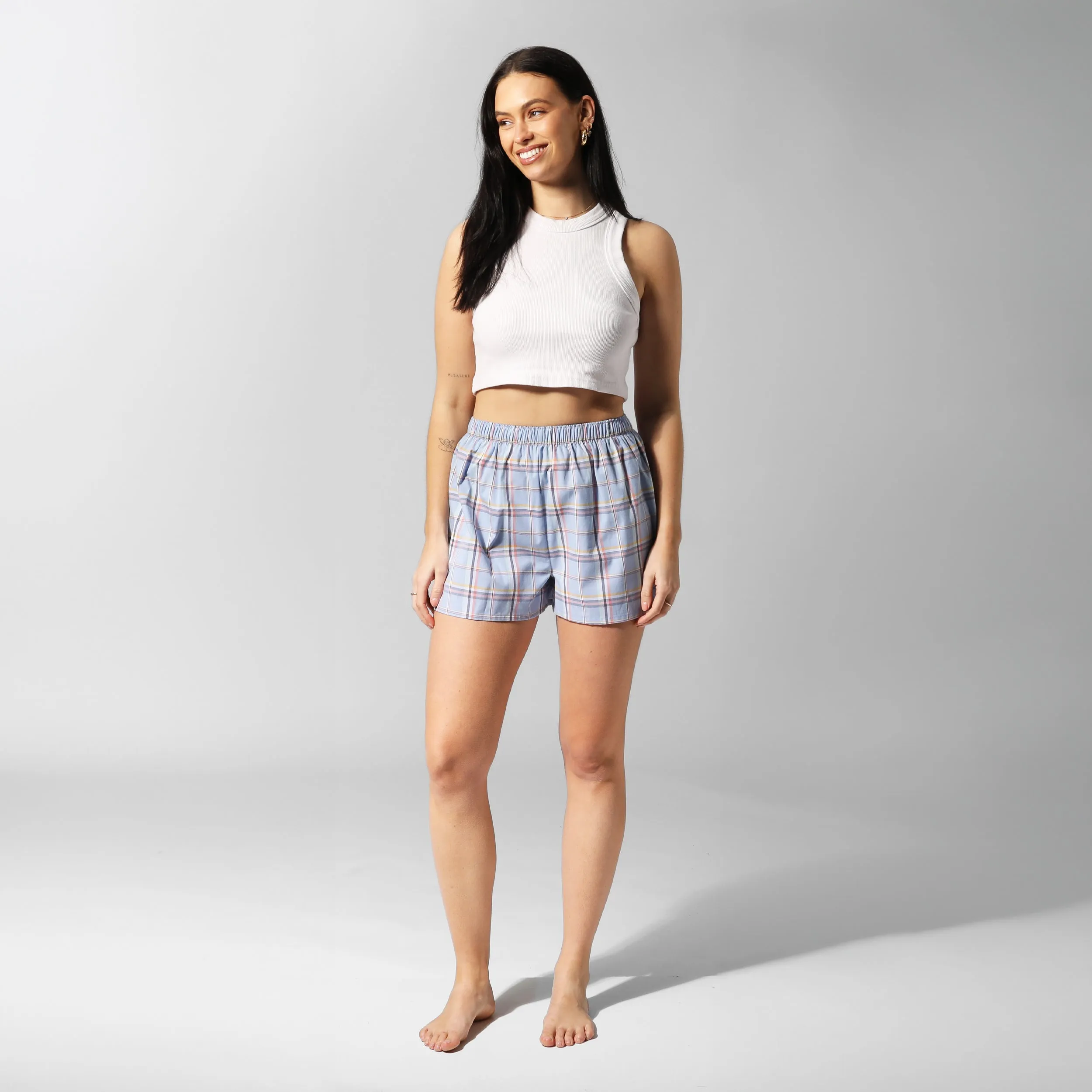 Women's Check Cotton Boxer Shorts - Blue