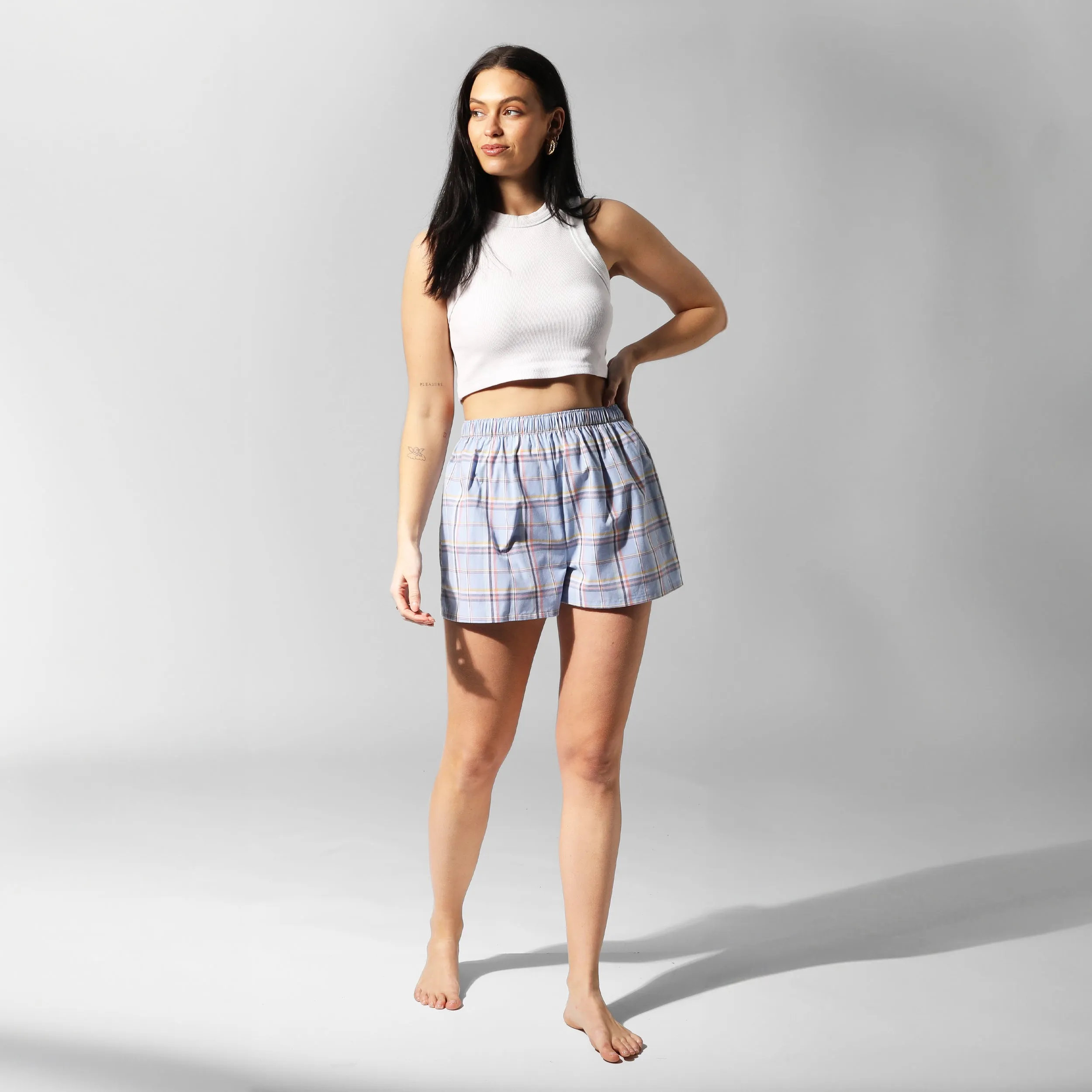 Women's Check Cotton Boxer Shorts - Blue