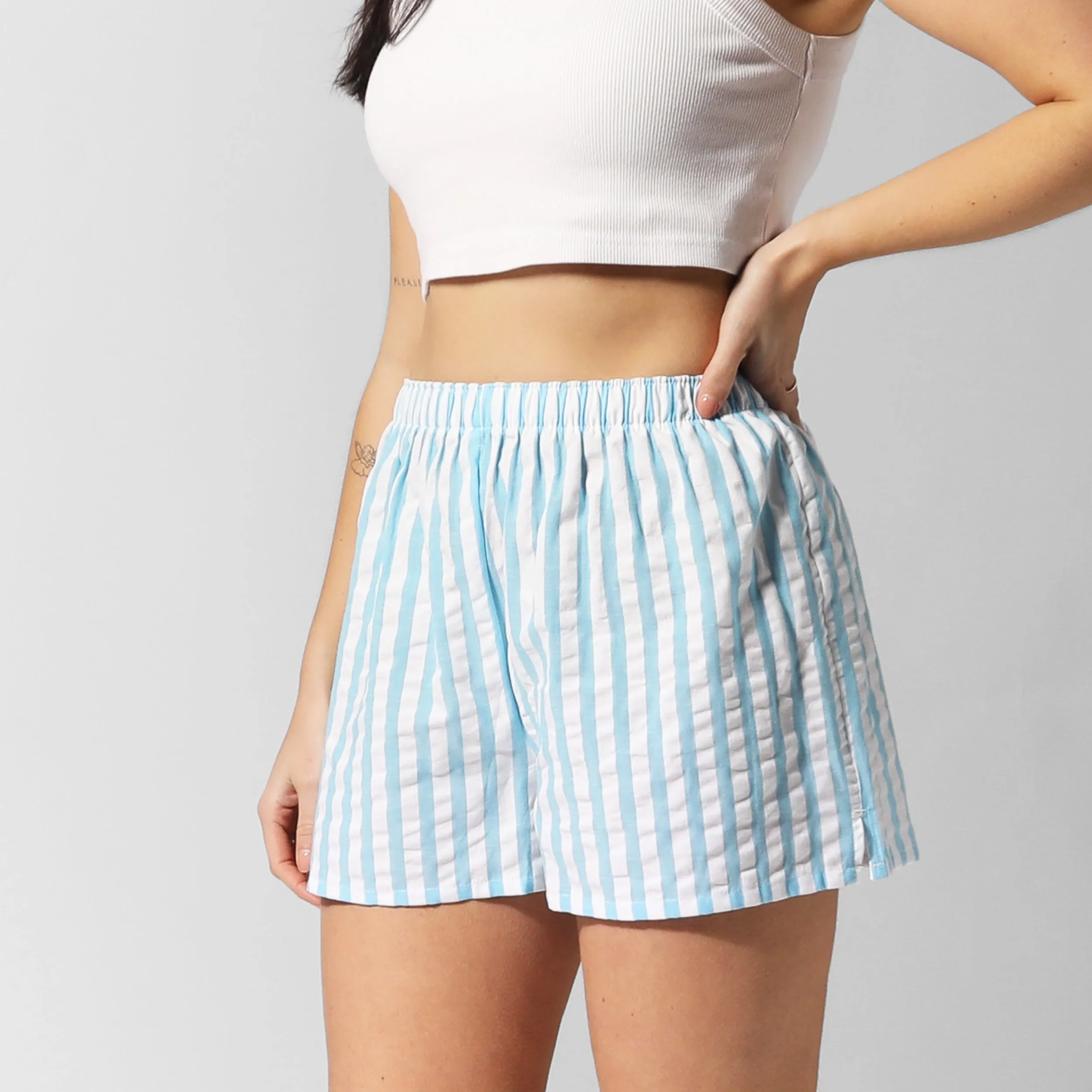 Women's Seersucker Stripe Cotton Boxer Shorts - Blue